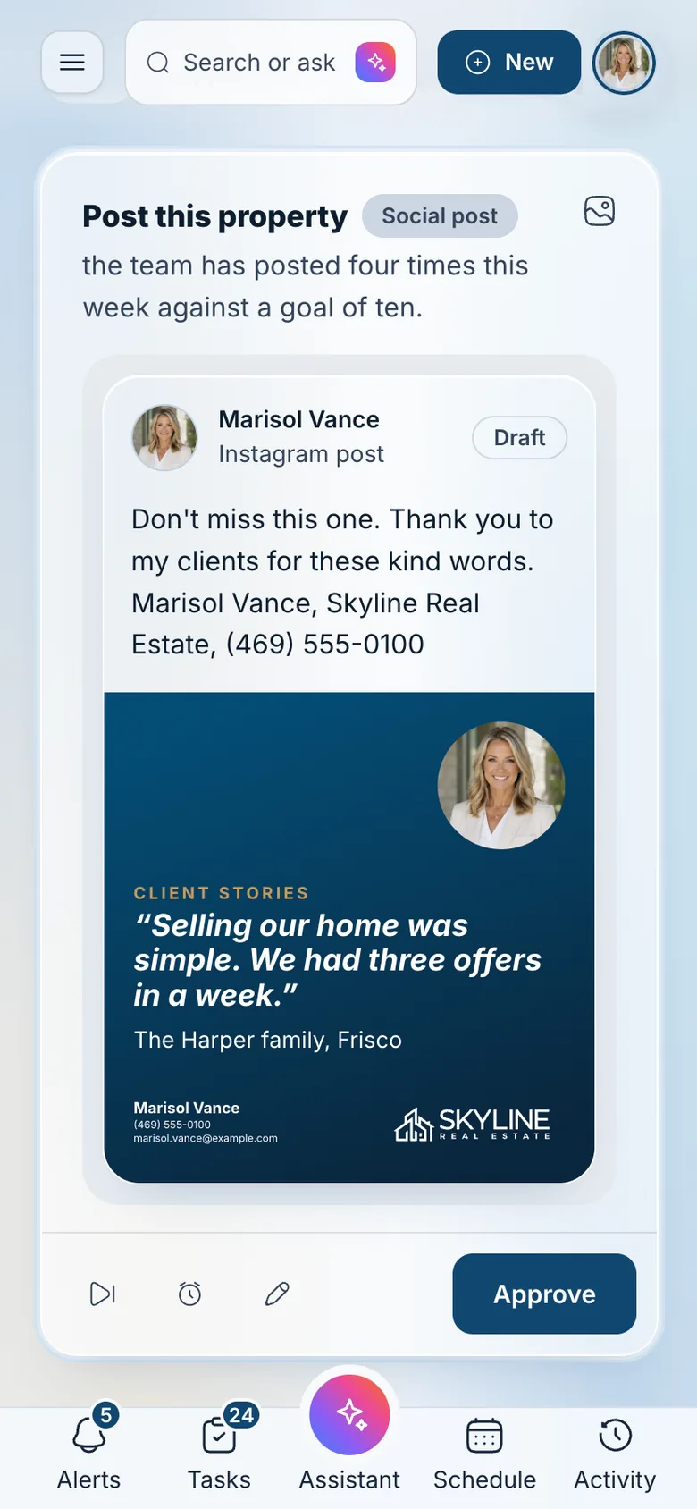 A Today queue card on a phone: a ready-to-post Instagram client story drafted for Marisol Vance, with buttons to approve, edit or snooze