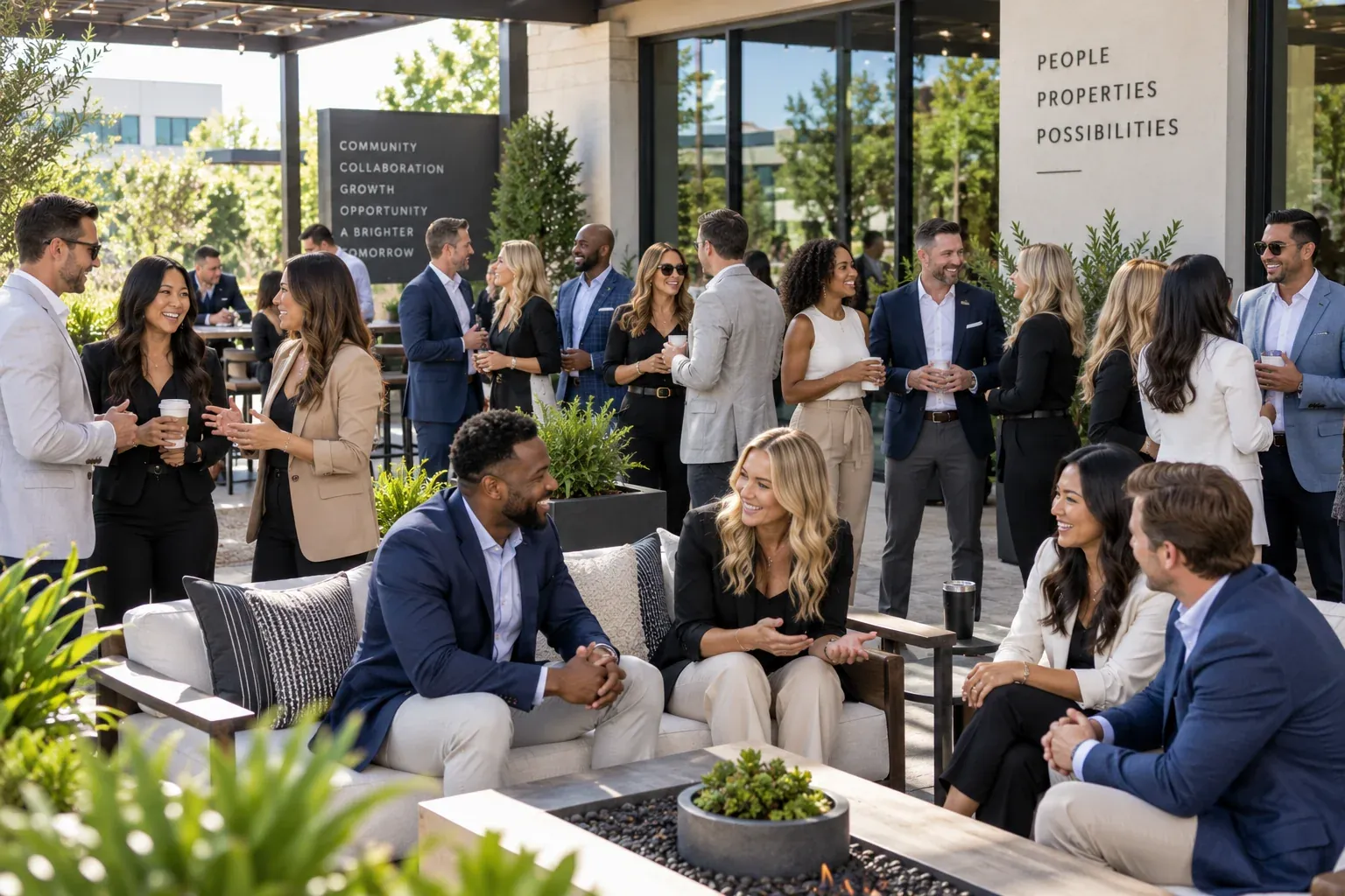 Real estate agents and brokerage staff talking together at an outdoor team event.