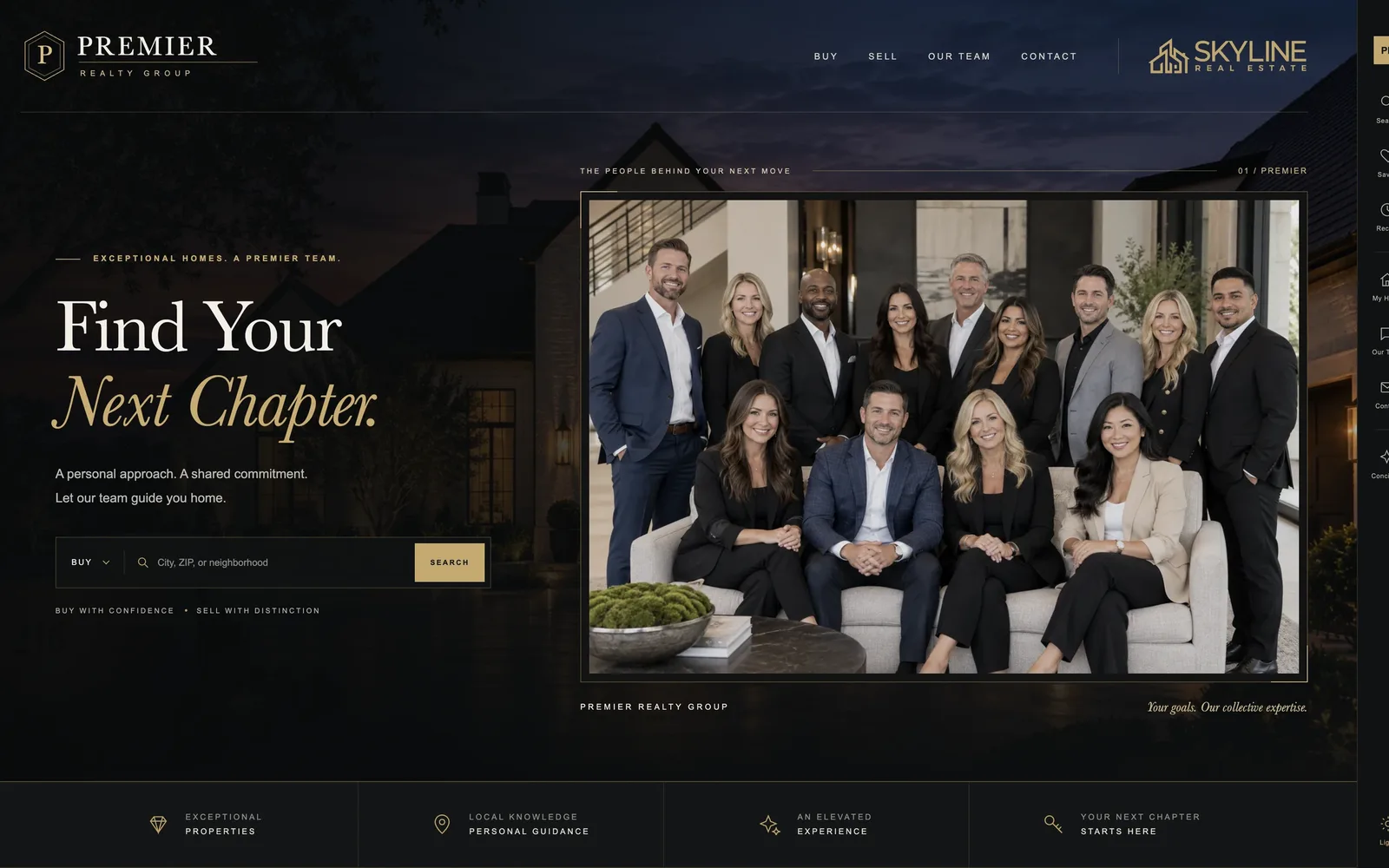 Premier Realty Group team website on Skyline Real Estate, with a team photo and home search